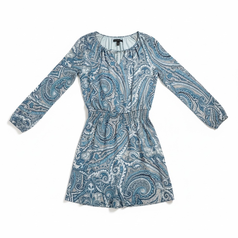 White House Black Market Split Sleeve Blouson Mini Dress, Sz 4, Blue Paisley